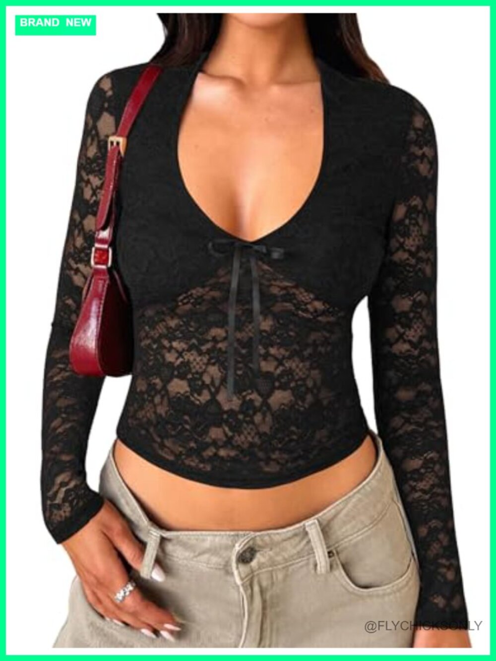 Lace Mesh Long Sleeve Crop Top Y2K Deep V Neck Bow Tie Going Out Shirt